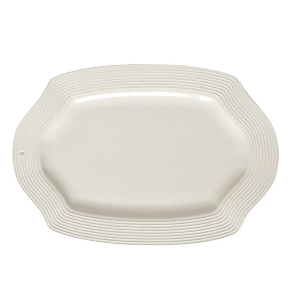 Nora Fleming Pretty Platter rectangular white stoneware serving tray with pinstriped edges and clipped corners.