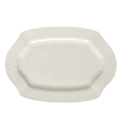 Nora Fleming Pretty Platter rectangular white stoneware serving tray with pinstriped edges and clipped corners.
