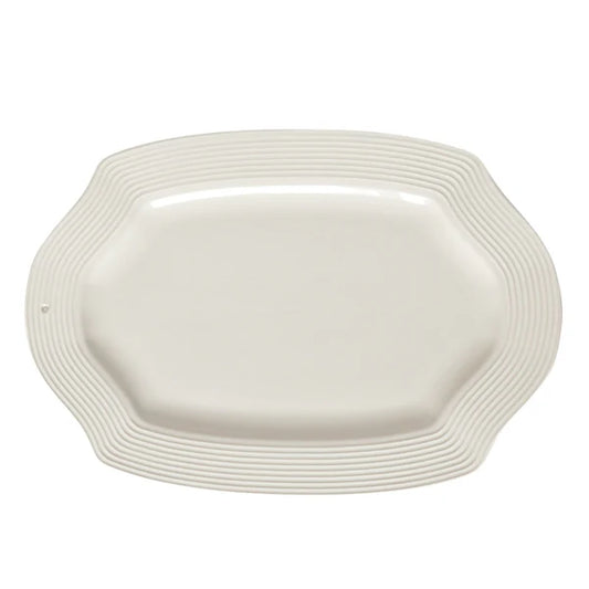 Nora Fleming Pretty Platter rectangular white stoneware serving tray with pinstriped edges and clipped corners.