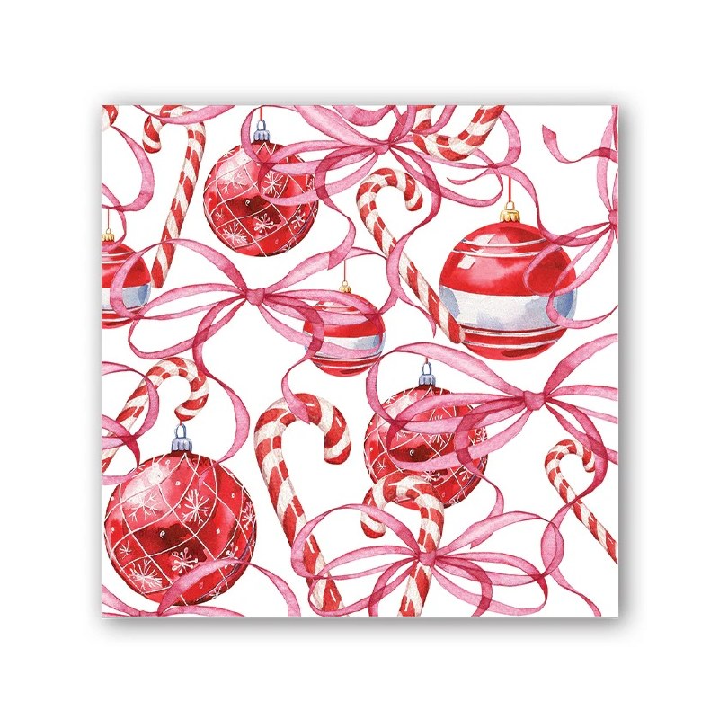 Michel Design Works Peppermint cocktail napkins featuring festive peppermint candies and red ribbons.