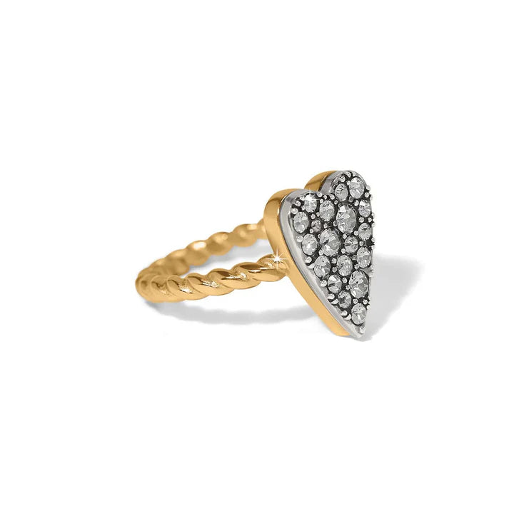 Side view of the two-tone B Love Ring showing the etched "B Love" message and crystal settings.