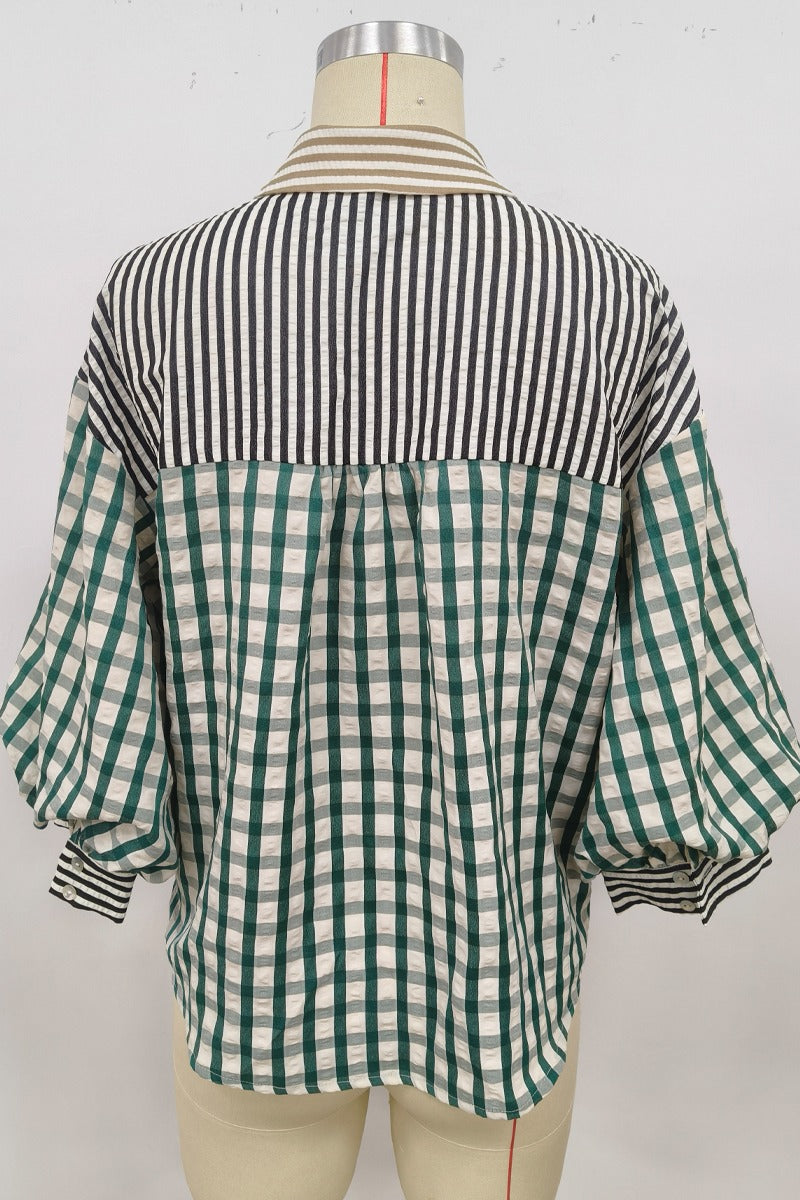 Jodifl 3/4 Puff Sleeve Mix Media Button Down Top - Green Mix