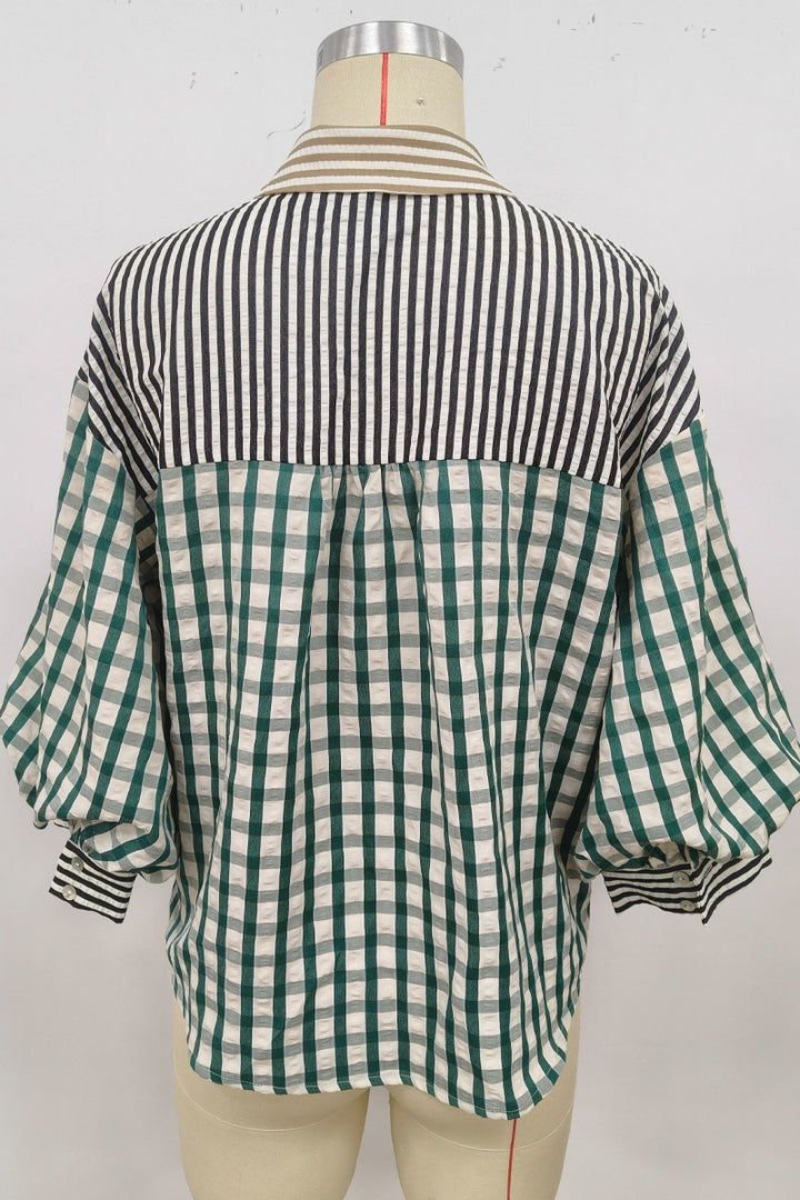 Jodifl 3/4 Puff Sleeve Mix Media Button Down Top - Green Mix