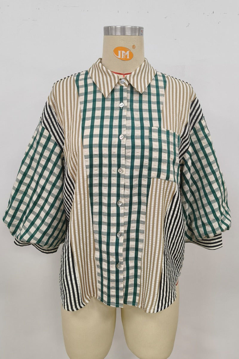 Jodifl 3/4 Puff Sleeve Mix Media Button Down Top - Green Mix
