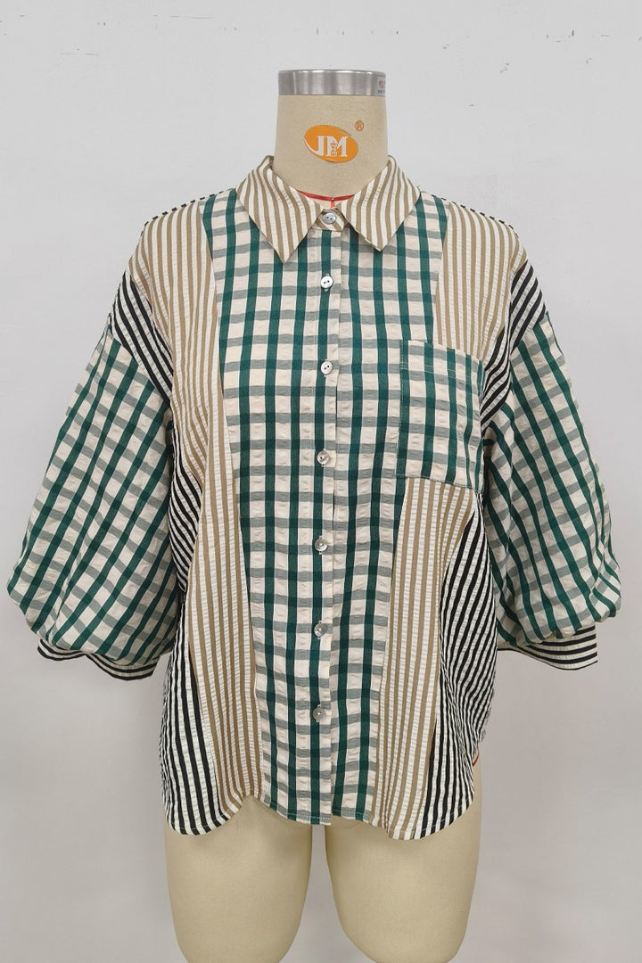 Jodifl 3/4 Puff Sleeve Mix Media Button Down Top - Green Mix