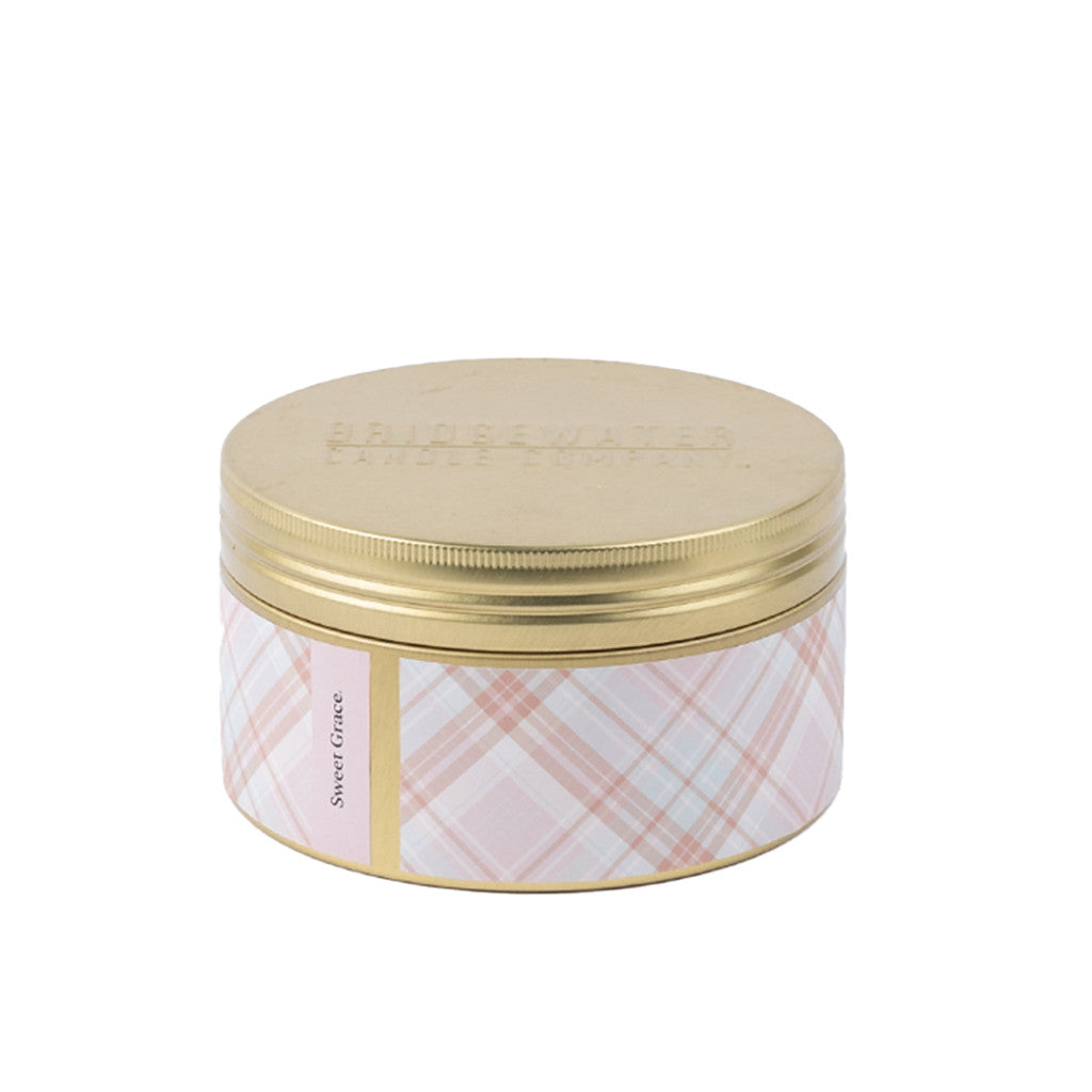 Bridgewater Candle Sweet Grace Holiday 3-Wick Tin featuring a beautifully decorated festive candle tin.
