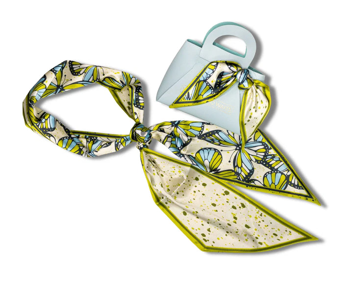 Winton and Waits Marina Monarch Accessory Scarf in a bold print, packaged in a mini gift bag.