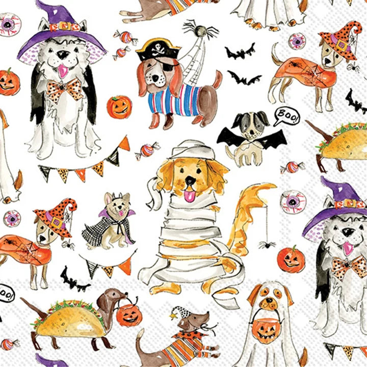 Halloween Dogs Cocktail Napkin by Boston International featuring a whimsical parade of costumed pups.
