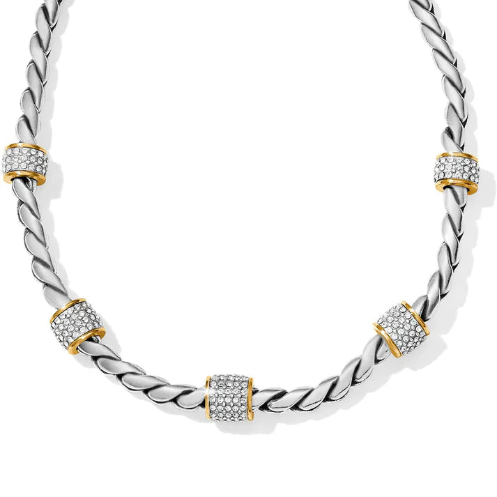 Brighton Meridian Necklace; adjustable silver and gold-plated chain with pavé crystal barrel stations.