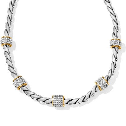 Brighton Meridian Necklace; adjustable silver and gold-plated chain with pavé crystal barrel stations.