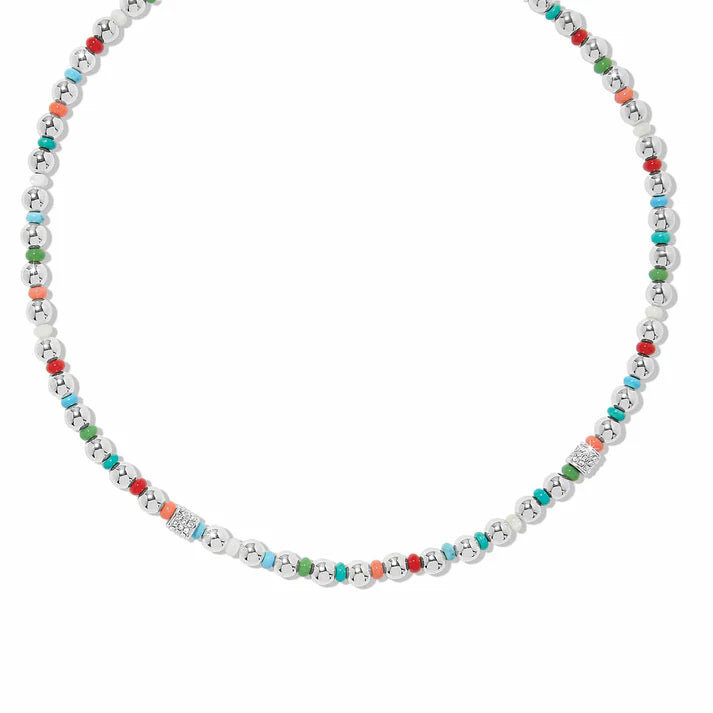 Brighton Meridian Petite Multi Silver Necklace; silver-plated chain with colorful semi-precious beads including turquoise, jade, and mother of pearl.