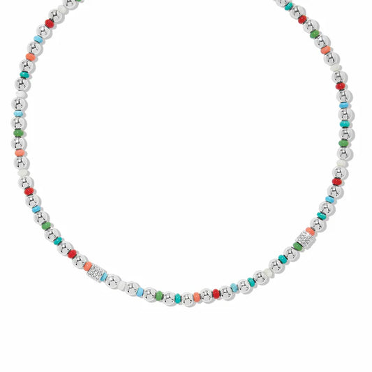 Brighton Meridian Petite Multi Silver Necklace; silver-plated chain with colorful semi-precious beads including turquoise, jade, and mother of pearl.