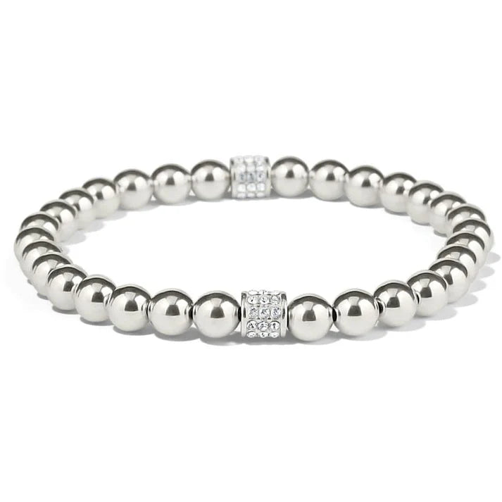 Close-up of the crystal detailing and stretch construction of the Meridian Silver Petite Bracelet.