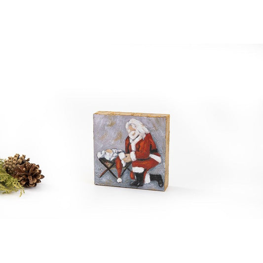 4x4" Handpainted Block, Santa Kneeling ©Savannah McClain