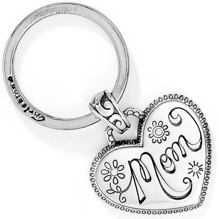 Brighton Mom Key Fob showing a silver-plated heart charm engraved with &
