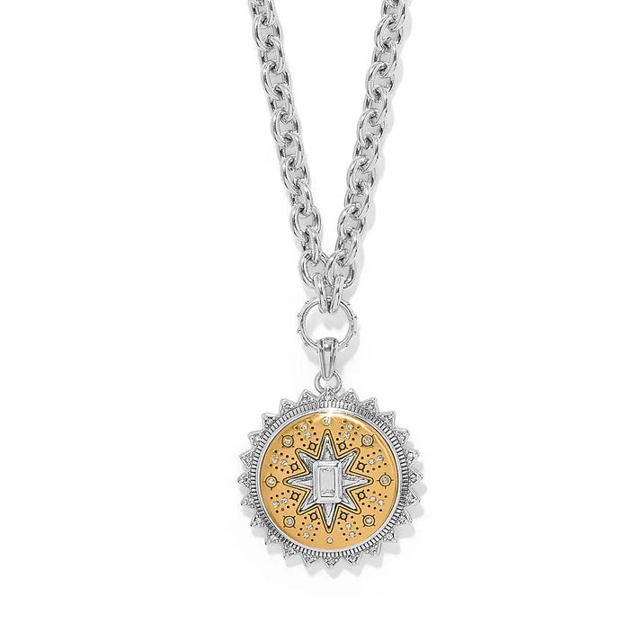 Brighton Mosaic Nova Pendant necklace showing a circular star motif charm with crystal details on an adjustable two-tone chain.