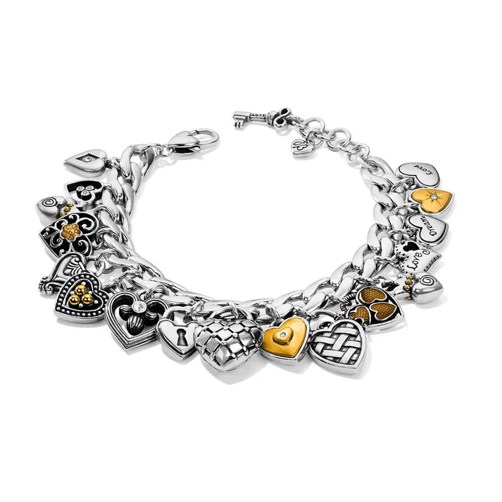 Brighton One Heart Charm Bracelet in silver plate featuring multiple heart charms and crystal accents.