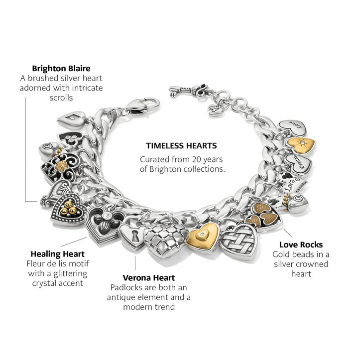 Close-up of the different heart charm textures and the Brighton lobster claw closure.
