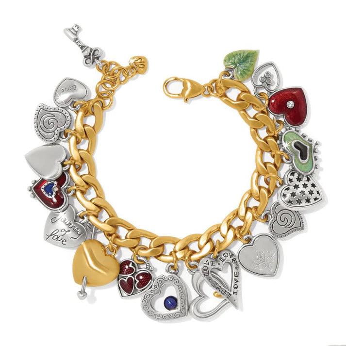 Brighton One Heart Color Charm Bracelet featuring a chunky chain and 17 unique heart charms with enamel and crystals.