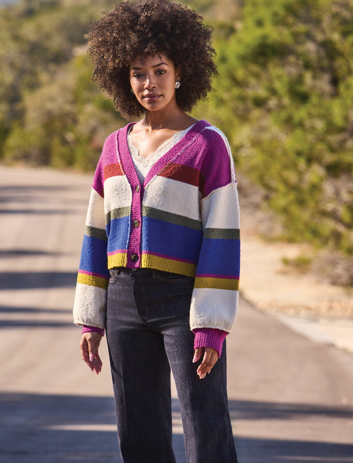 Tribal Soft Knit Drop Shoulder V-Neck Cardigan - Cream Multi | Tribal Women&