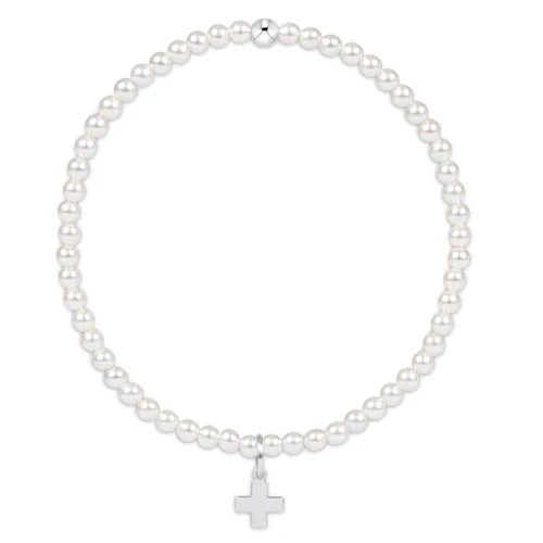 enewton 3mm crystal pearl beaded bracelet with a signature sterling silver cross charm; waterproof and tarnish-resistant.