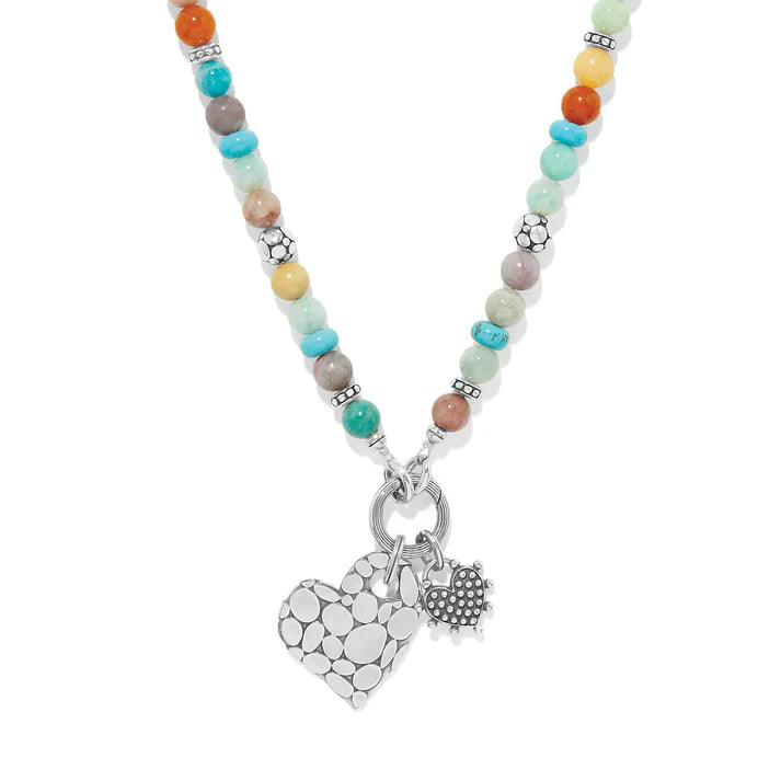 Brighton Pebble Sweet Hearts Token Charm Necklace featuring a sculpted silver heart pendant and semi-precious gemstone beads.