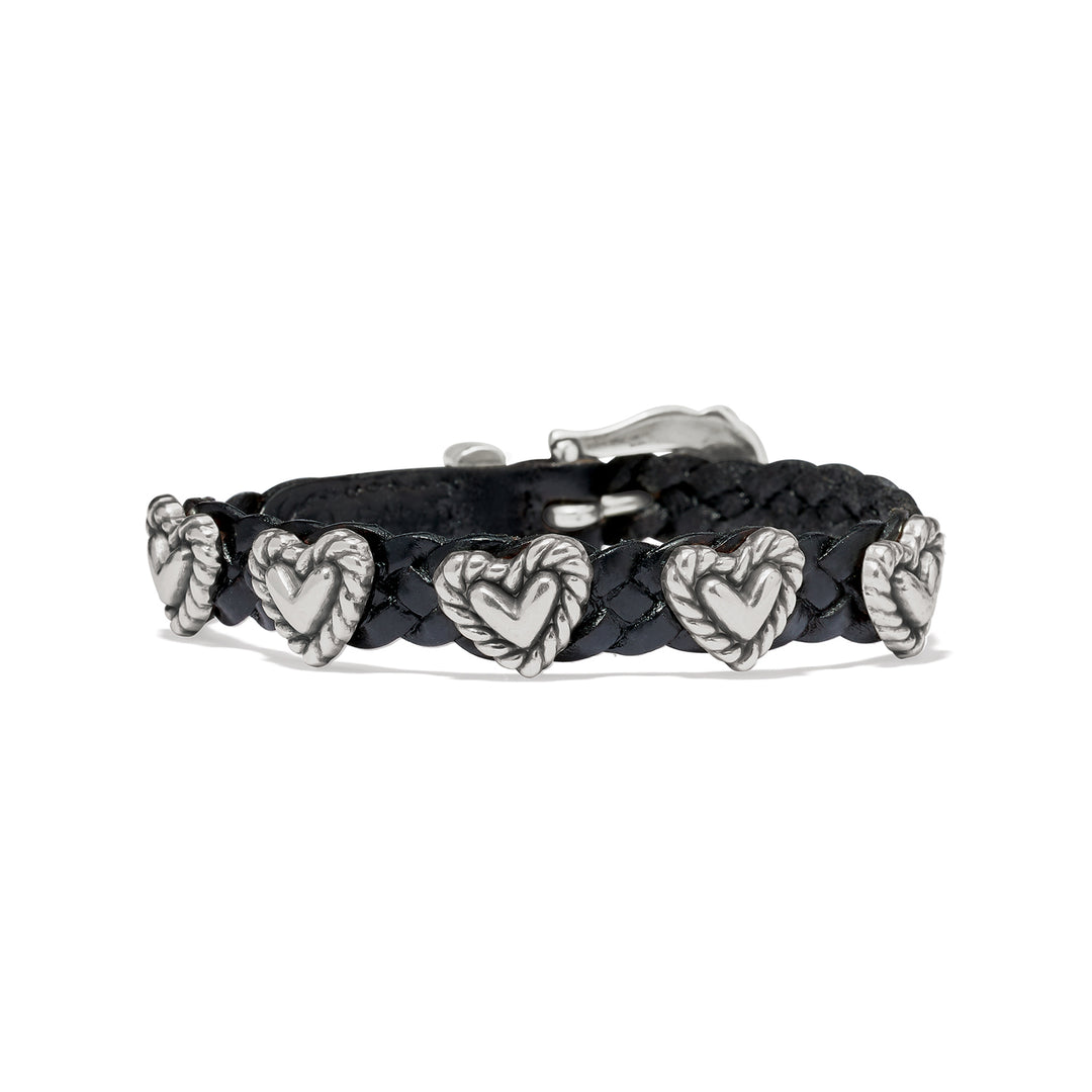 Brighton Roped Heart Braid Bandit wrap bracelet showcasing silver-plated heart motifs on a premium braided black leather band.