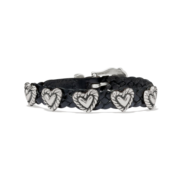 Brighton Roped Heart Braid Bandit wrap bracelet showcasing silver-plated heart motifs on a premium braided black leather band.