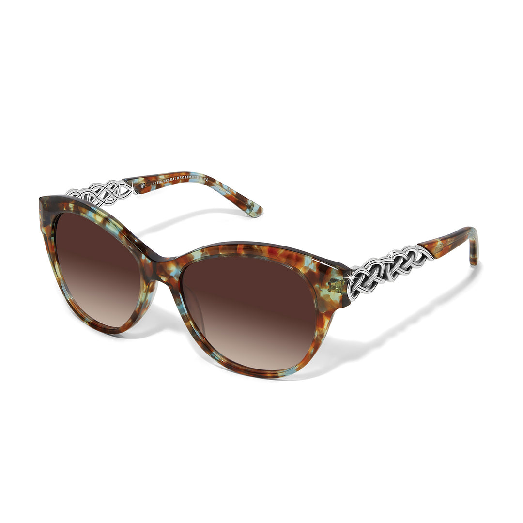 Brighton Interlok Braid Blue Havana cat-eye sunglasses featuring silver-plated Interlok details along the temples.