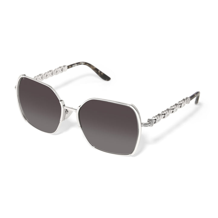 Brighton Interlok Twist Sunglasses featuring silver metal aviator frames and a signature twisted detail at the temples.