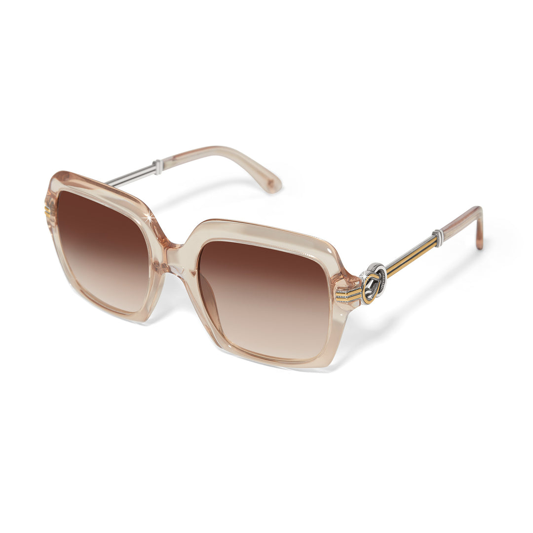 Brighton Interlok Harmony Two Tone square sunglasses in translucent pink featuring silver and gold mixed-metal details along the temples.