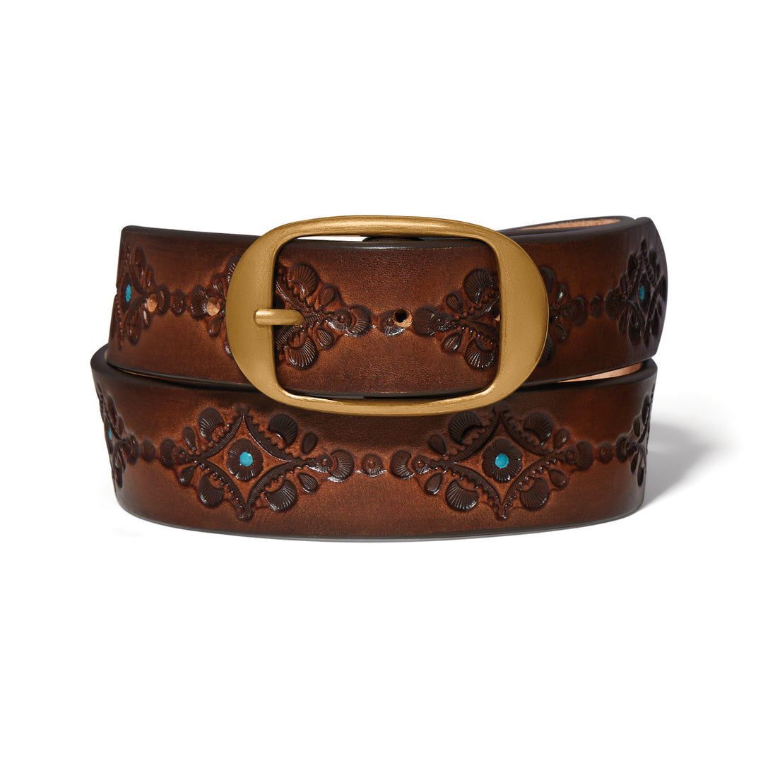 Brighton Nessa Belt in dark brown leather featuring a brass buckle closure.