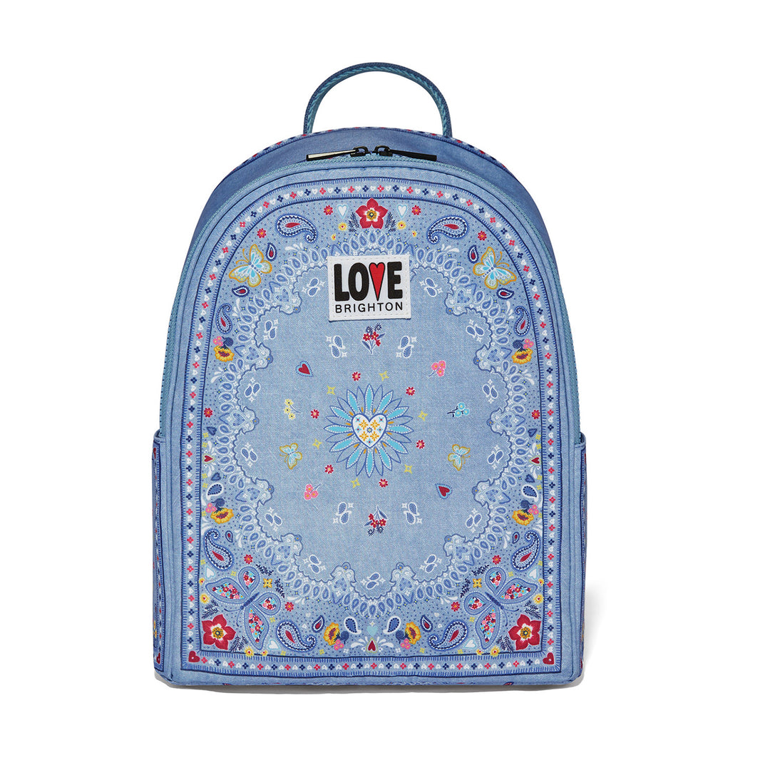 Brighton Bandana Love Backpack featuring a vibrant multi-color bandana print and silver-tone hardware.