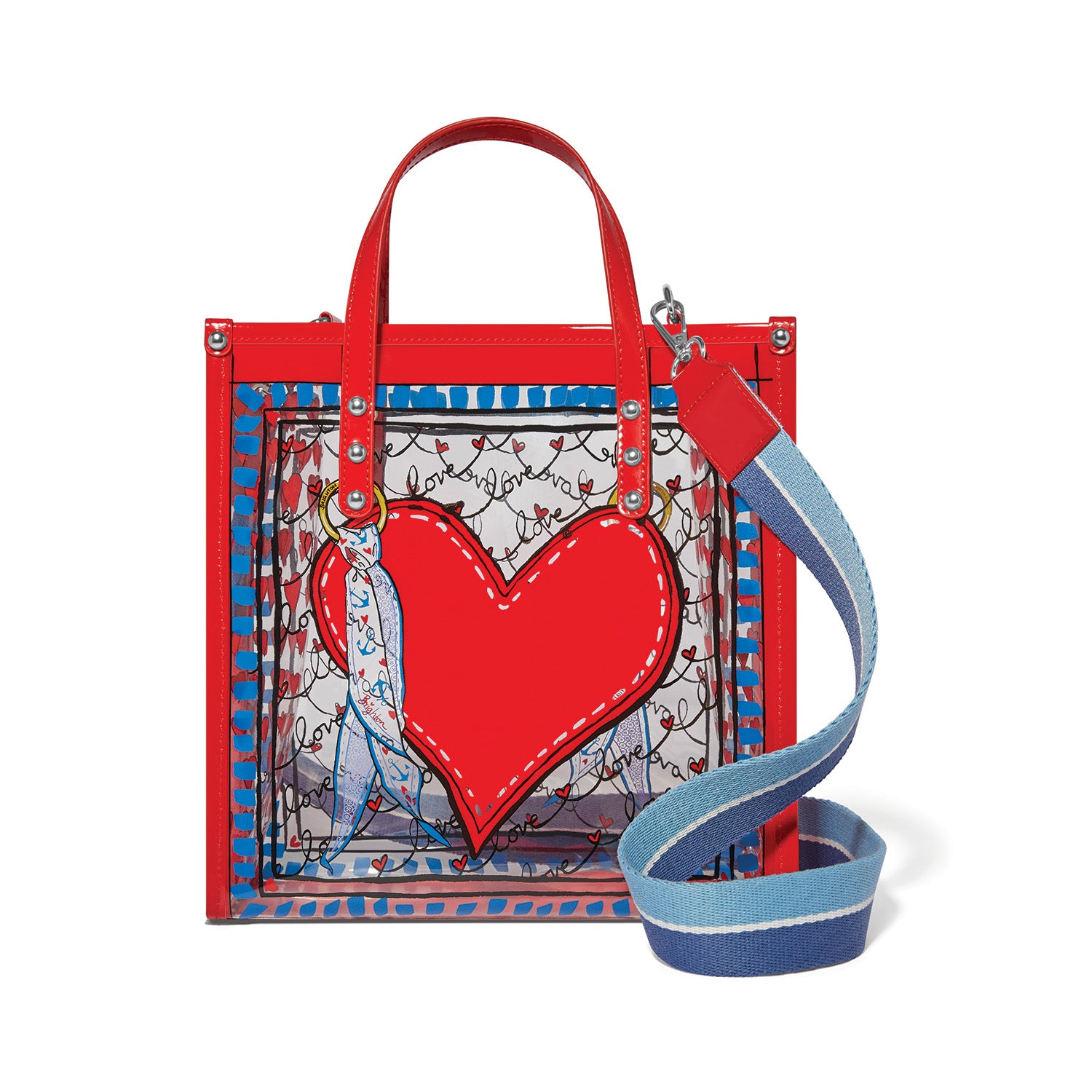 Brighton Stripped Loved multi-color vinyl tote bag showing graphic lettering, top carrying handles, and an optional shoulder strap.