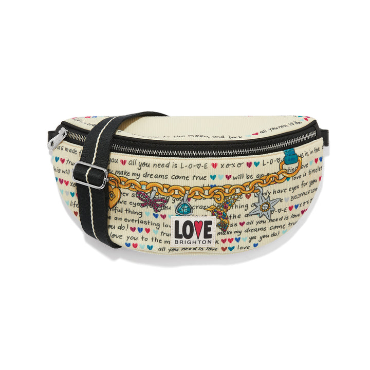Brighton Love Story Belt Bag in multi-colored polyester corduroy featuring an adjustable strap and ziptop closure.