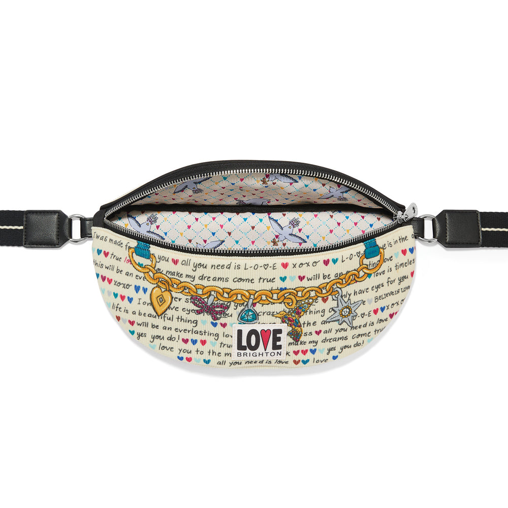 Brighton Love Story Belt Bag in multi-colored polyester corduroy featuring an adjustable strap and ziptop closure.