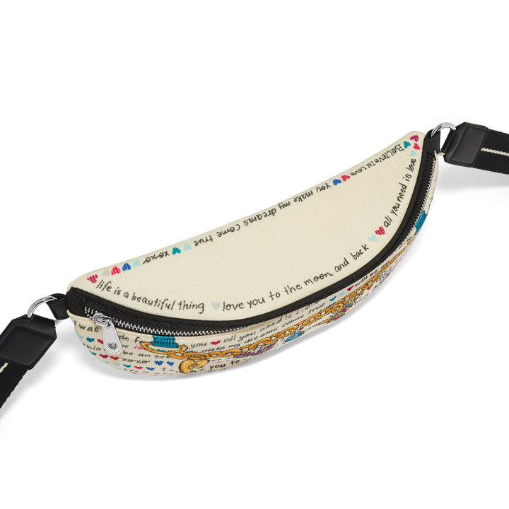 Brighton Love Story Belt Bag in multi-colored polyester corduroy featuring an adjustable strap and ziptop closure.