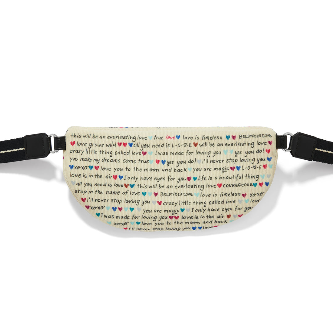 Brighton Love Story Belt Bag in multi-colored polyester corduroy featuring an adjustable strap and ziptop closure.