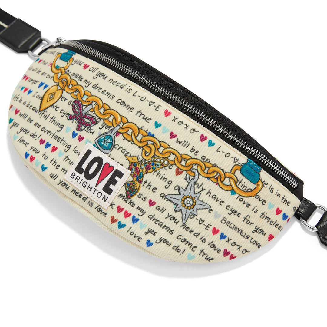 Brighton Love Story Belt Bag in multi-colored polyester corduroy featuring an adjustable strap and ziptop closure.