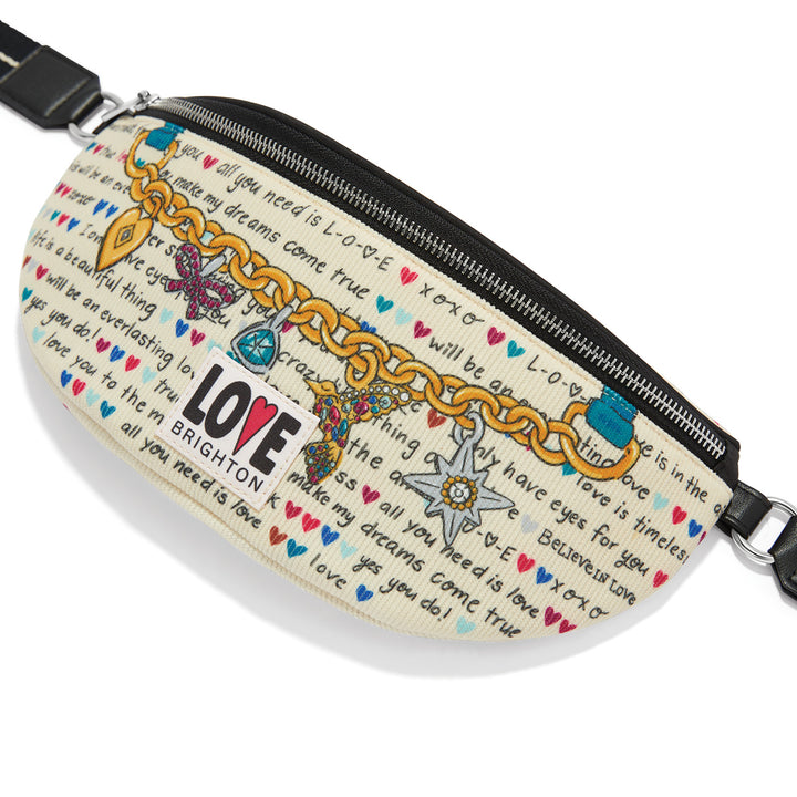 Brighton Love Story Belt Bag in multi-colored polyester corduroy featuring an adjustable strap and ziptop closure.