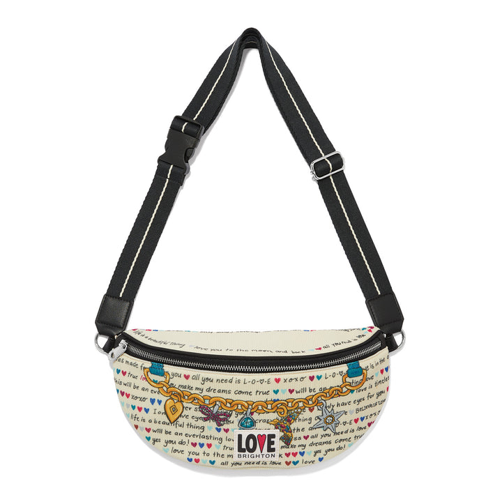 Brighton Love Story Belt Bag in multi-colored polyester corduroy featuring an adjustable strap and ziptop closure.