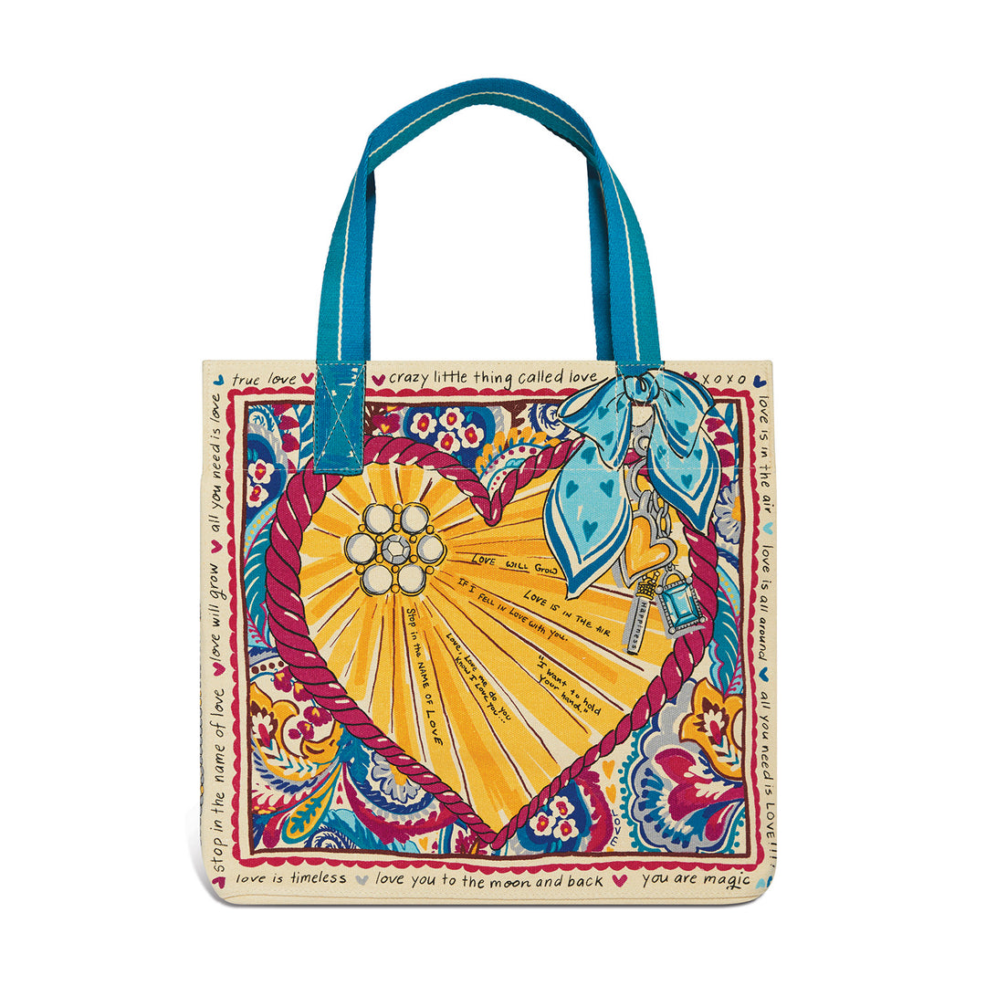 Brighton Love Story Tote in a multi-color canvas print, featuring comfortable shoulder straps and a spacious everyday design.