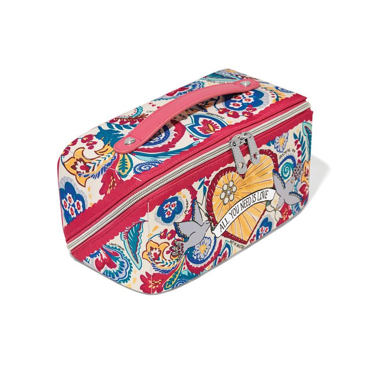 Brighton Love Story Cosmetic Case in multicolor floral print with gold heart charm and pink zip trim