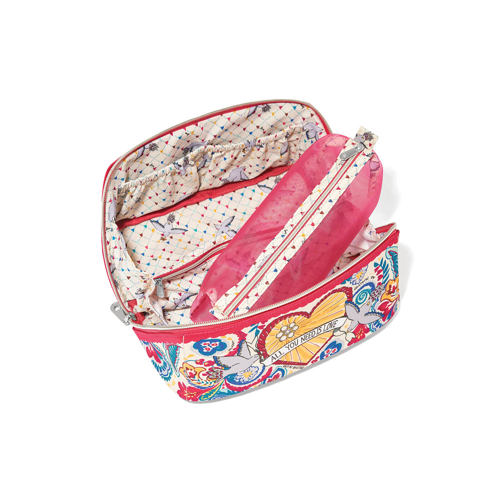Brighton Love Story Cosmetic Case unzipped showing printed lining and interior pockets