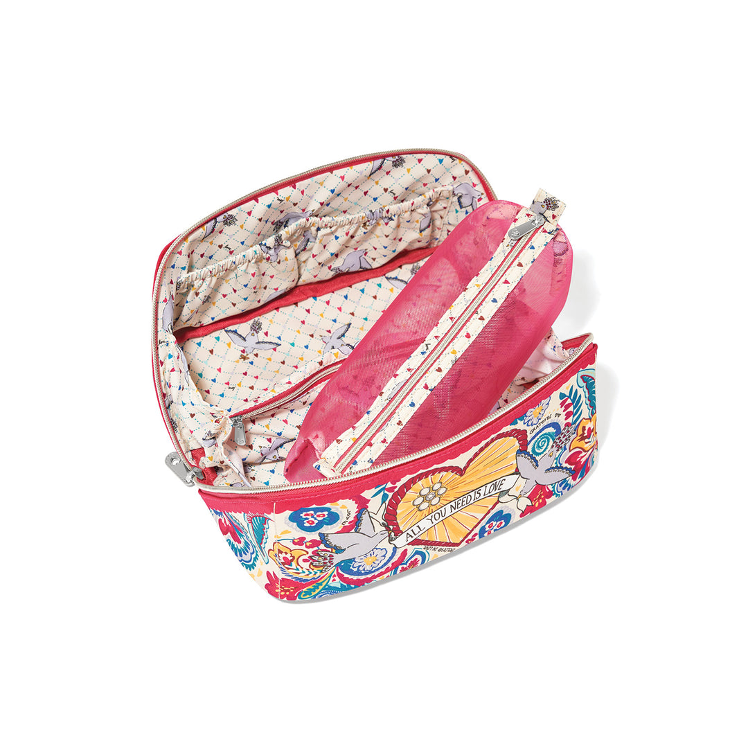 Brighton Love Story Cosmetic Case unzipped showing printed lining and interior pockets