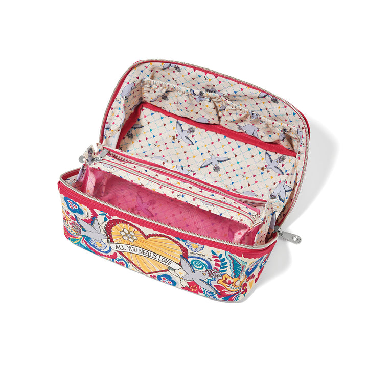 Top-down view inside the Brighton Love Story makeup case with mesh pouch and three interior pockets