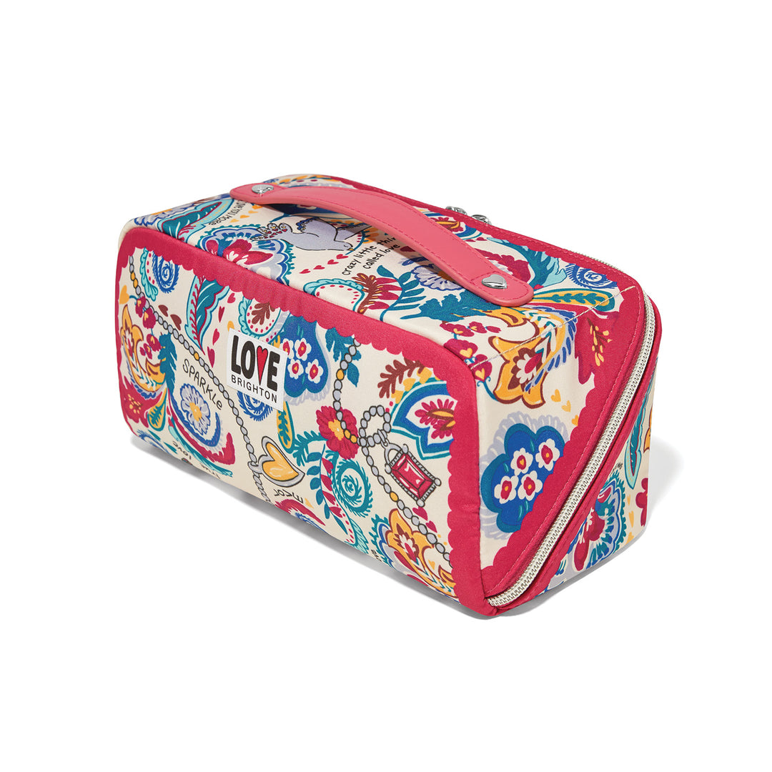 Side view of Brighton Love Story travel cosmetic case with LOVE print and pink carry handle