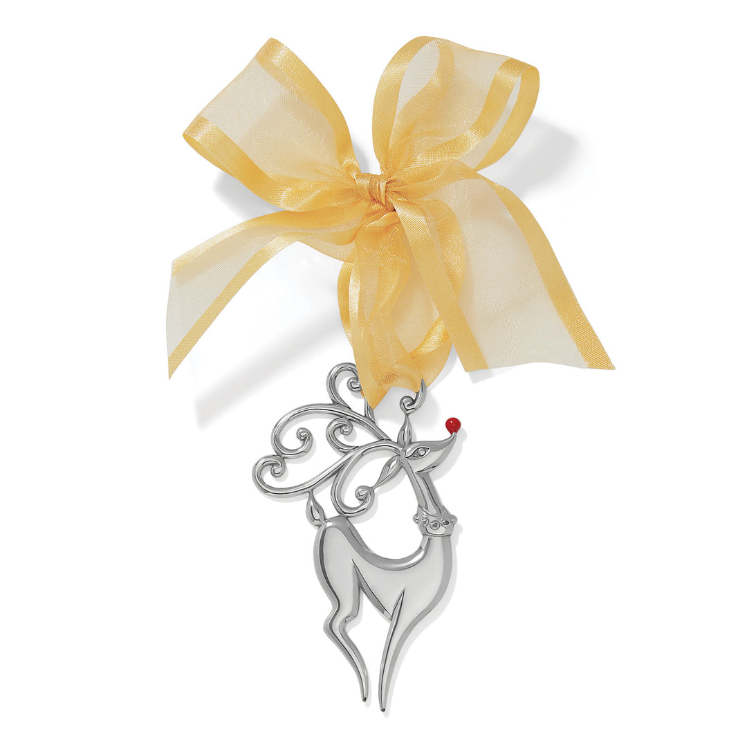 Brighton Oh Dear silver-plated reindeer Christmas ornament with red nose and gold organza bow