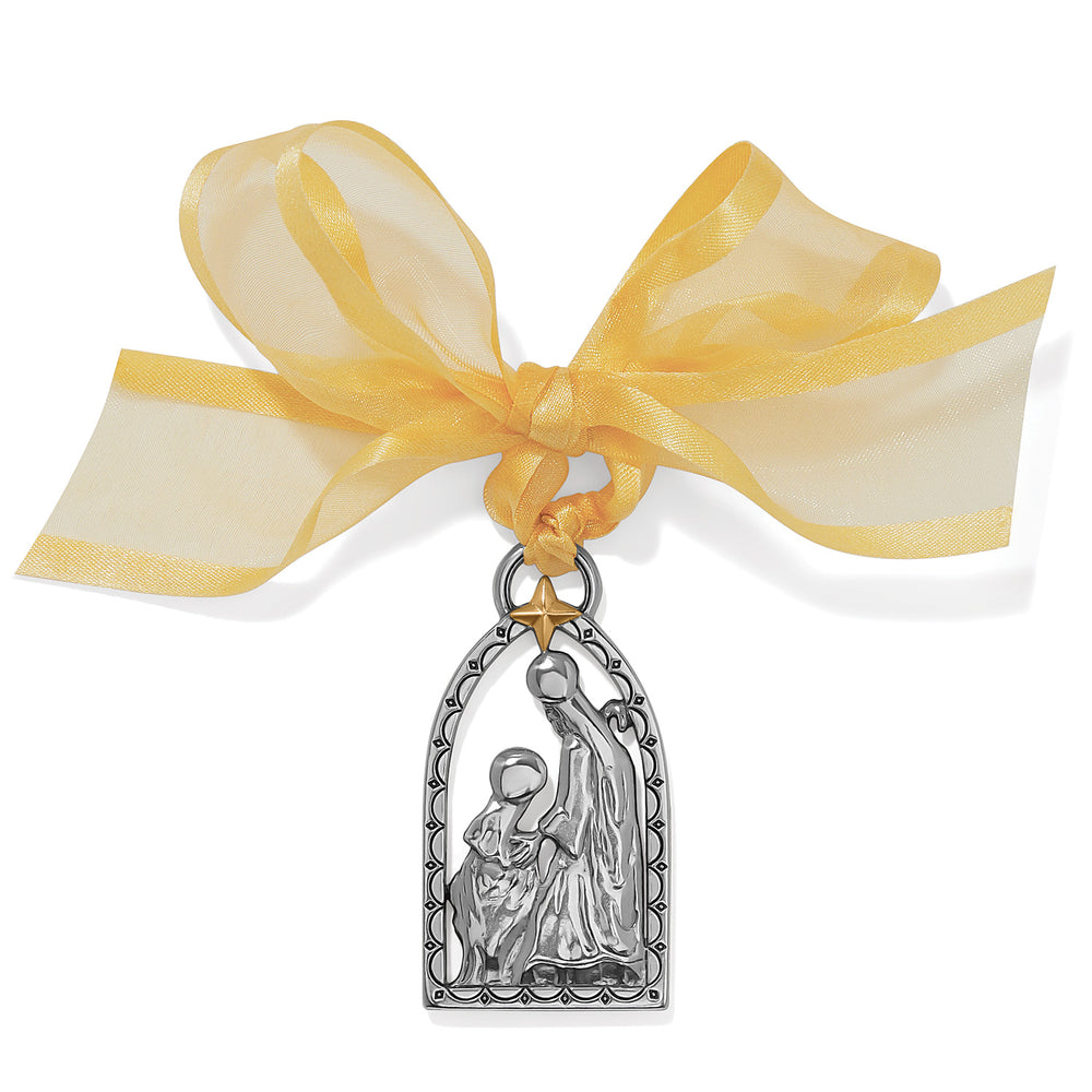 Detail view of Brighton Nativity Christmas ornament showing the holy family design