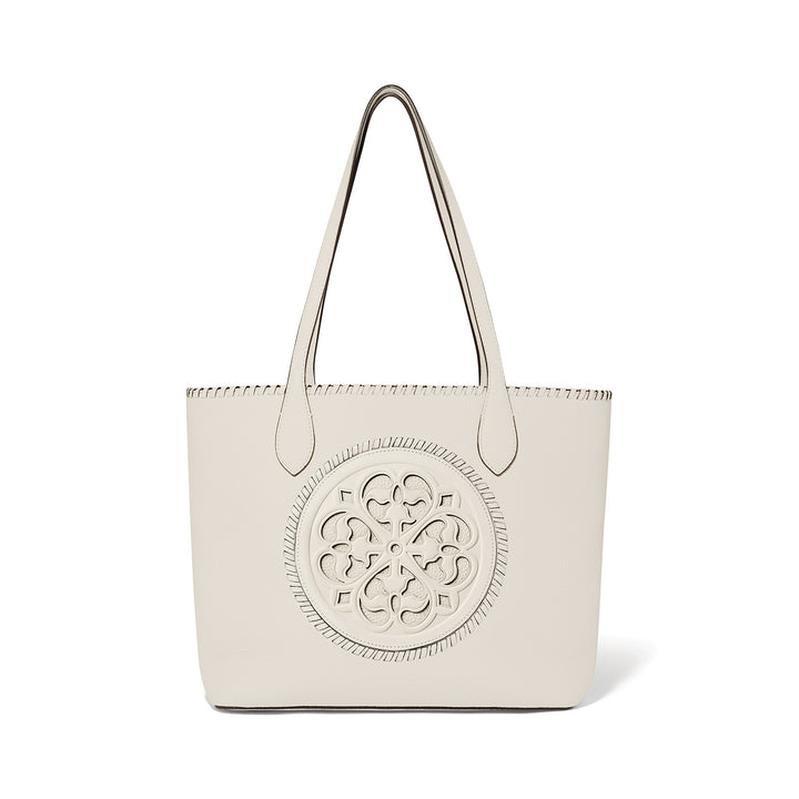 Brighton Gabriella Medallion Tote in Shoe White leather featuring a center ziptop divider and dual shoulder straps.